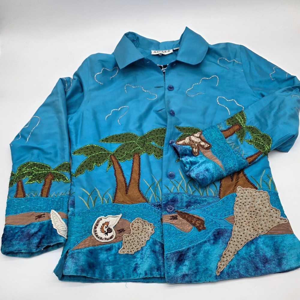 Vintage Wearable Art Silk Tropical Beaded Shirt Womens S Blue Beach Art Applique